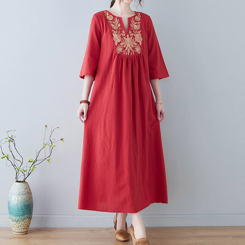 Robe longue décontractée style bohème avec broderie florale et Buddha Stones , design simple, manches trois-quarts, col en V, en coton et lin - image 15