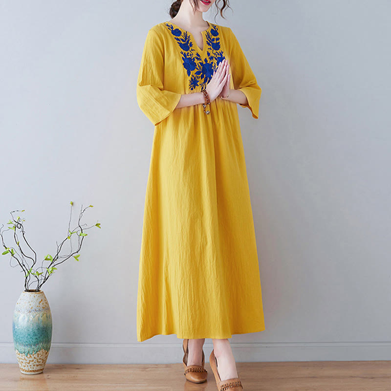 Robe longue décontractée style bohème avec broderie florale et Buddha Stones , design simple, manches trois-quarts, col en V, en coton et lin - image 1
