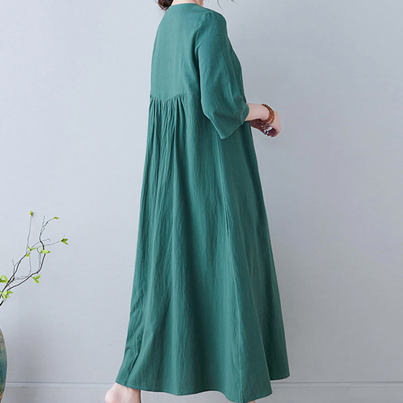 Robe longue décontractée style bohème avec broderie florale et Buddha Stones , design simple, manches trois-quarts, col en V, en coton et lin - image 22