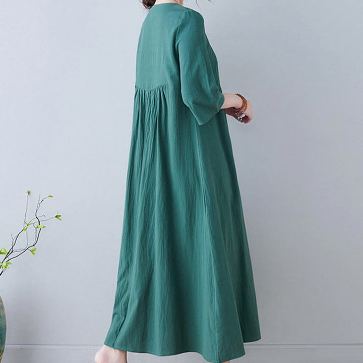 Robe longue décontractée style bohème avec broderie florale et Buddha Stones , design simple, manches trois-quarts, col en V, en coton et lin - image 22