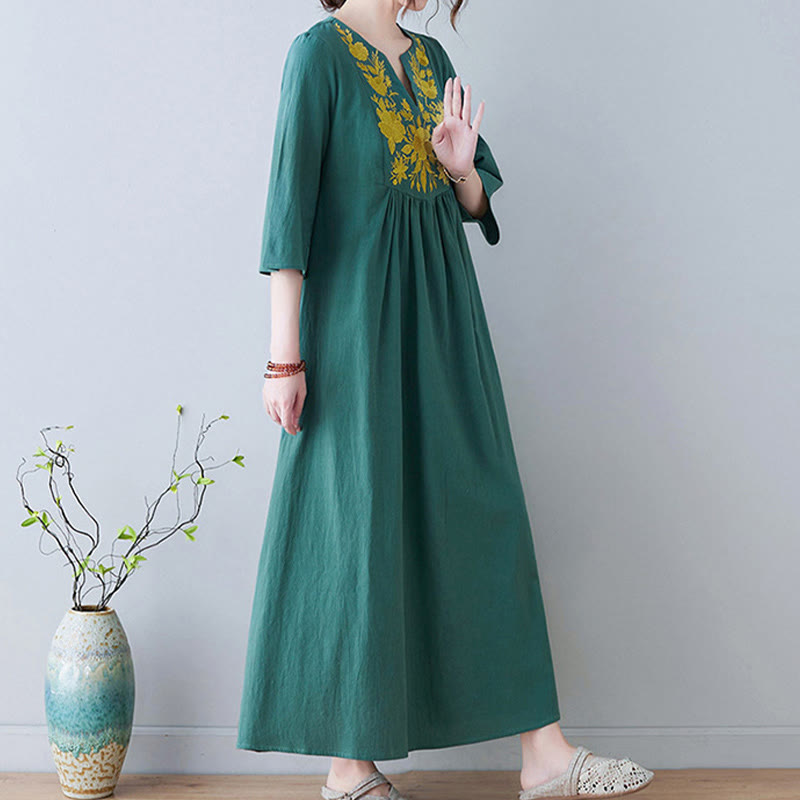 Robe longue décontractée style bohème avec broderie florale et Buddha Stones , design simple, manches trois-quarts, col en V, en coton et lin - image 20