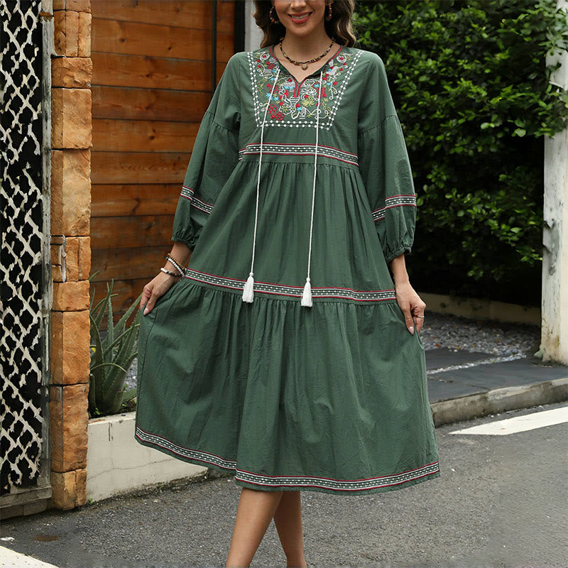Robe mi-longue en lin et coton à manches longues et broderie ethnique rétro vert foncé avec Buddha Stones - image 3
