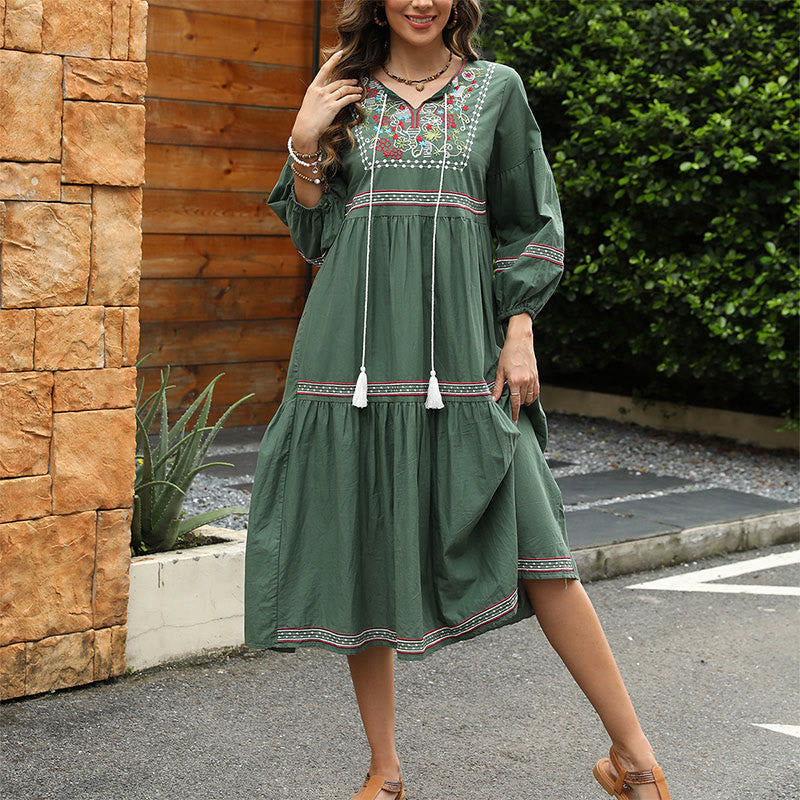 Robe mi-longue en lin et coton à manches longues et broderie ethnique rétro vert foncé avec Buddha Stones - Vert foncé - US12，UK/AU16，EU44 (3XL) - image 0