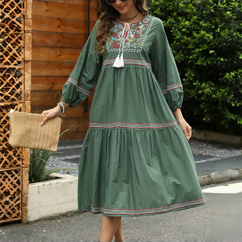 Robe mi-longue en lin et coton à manches longues et broderie ethnique rétro vert foncé avec Buddha Stones - image 4