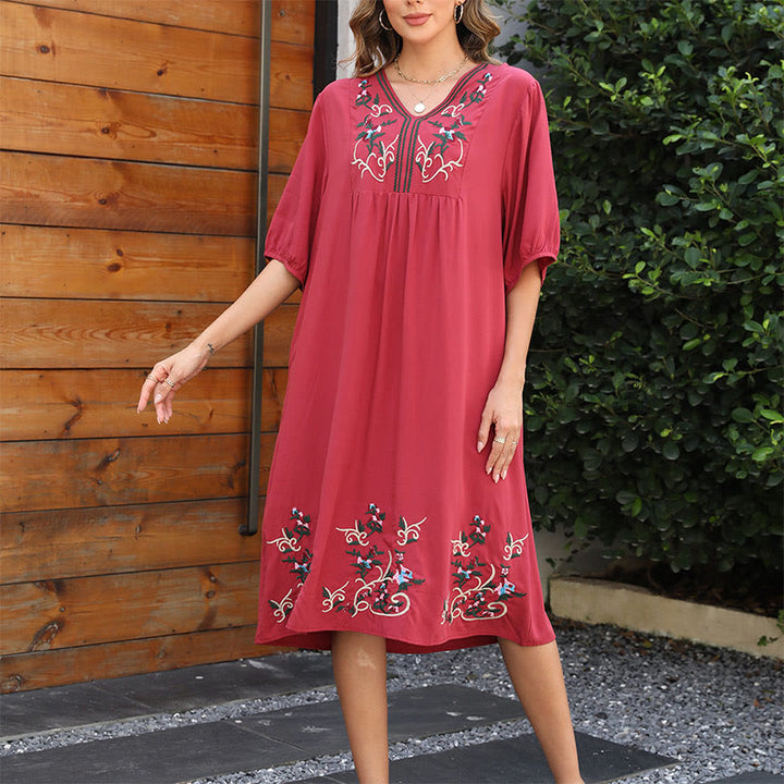 Robe mi-longue en coton à manches longues et broderie ethnique rétro rouge avec Buddha Stones