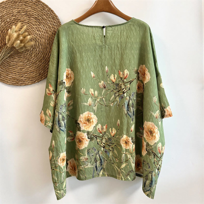 T-shirt décontracté ample à col ras du cou et manches mi-longues en polyester avec imprimé pétales et Buddha Stones pour femme