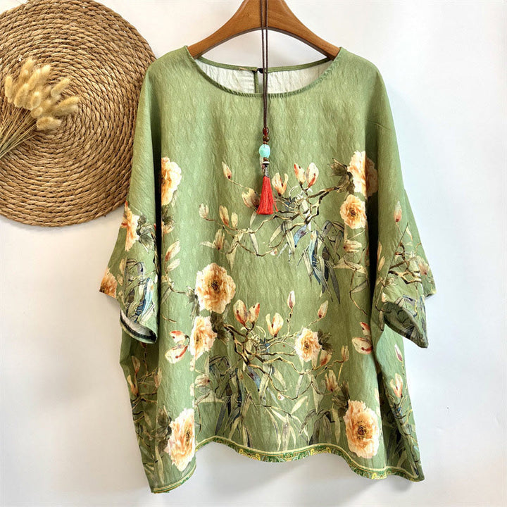 T-shirt décontracté ample à col ras du cou et manches mi-longues en polyester avec imprimé pétales et Buddha Stones pour femme