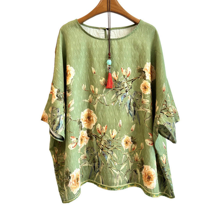 T-shirt décontracté ample à col ras du cou et manches mi-longues en polyester avec imprimé pétales et Buddha Stones pour femme