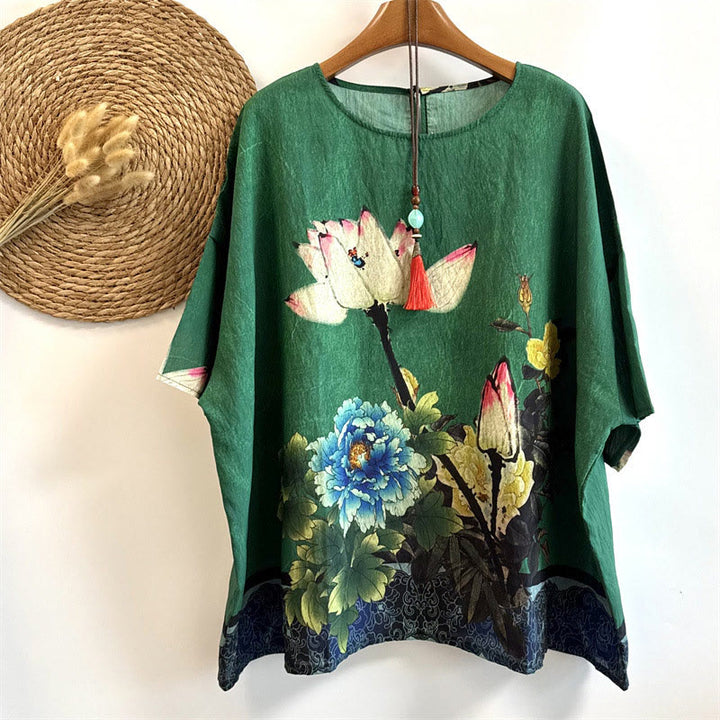 T-shirt décontracté ample à col ras du cou et manches mi-longues en polyester pour femme, imprimé Buddha Stones , fleurs de pivoine et lotus