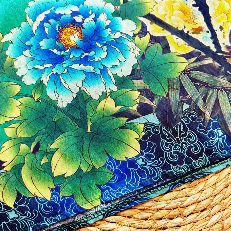 T-shirt décontracté ample à col ras du cou et manches mi-longues en polyester pour femme, imprimé Buddha Stones , fleurs de pivoine et lotus