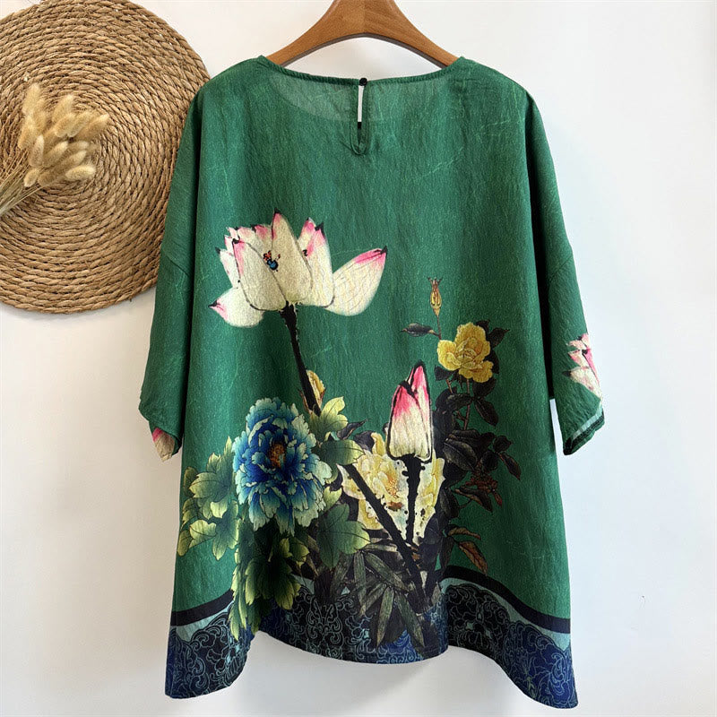 T-shirt décontracté ample à col ras du cou et manches mi-longues en polyester pour femme, imprimé Buddha Stones , fleurs de pivoine et lotus