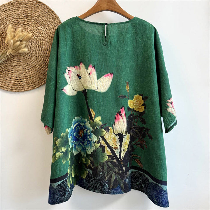 T-shirt décontracté ample à col ras du cou et manches mi-longues en polyester pour femme, imprimé Buddha Stones , fleurs de pivoine et lotus