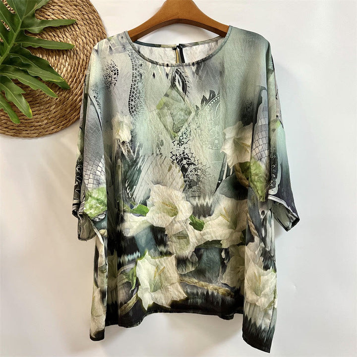 T-shirt décontracté ample à col ras du cou et manches mi-longues en polyester pour femme, imprimé Buddha Stones