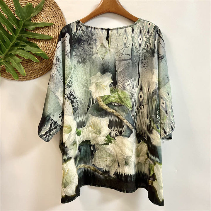 T-shirt décontracté ample à col ras du cou et manches mi-longues en polyester pour femme, imprimé Buddha Stones