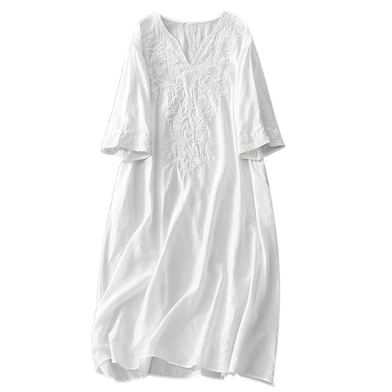 Robe mi-longue d'été blanche à manches courtes et col en V Buddha Stones broderies de feuilles et de fleurs, avec poches - image 12