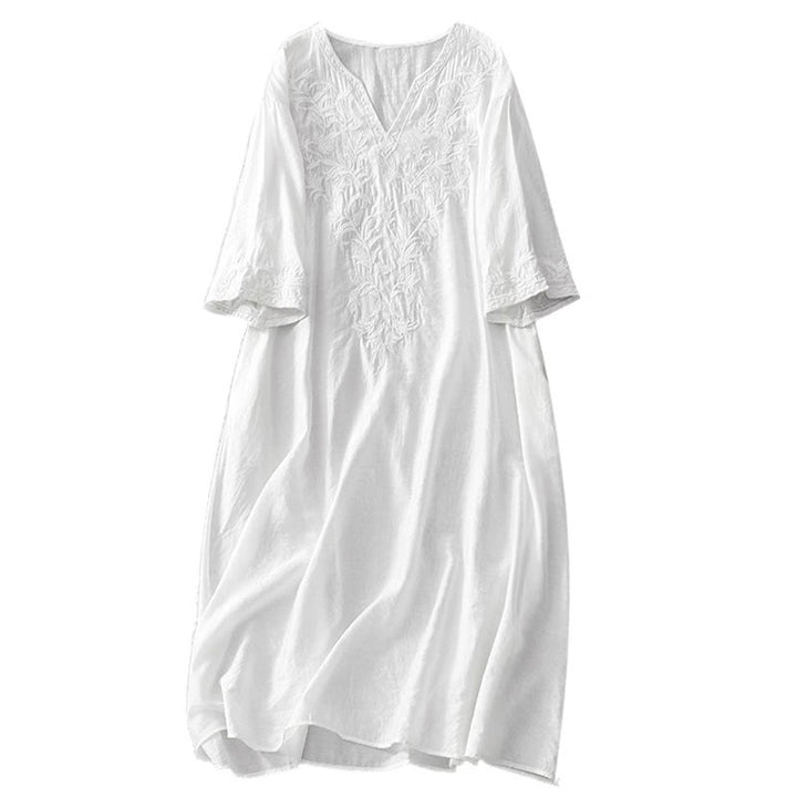 Robe mi-longue d'été blanche à manches courtes et col en V Buddha Stones broderies de feuilles et de fleurs, avec poches - image 12