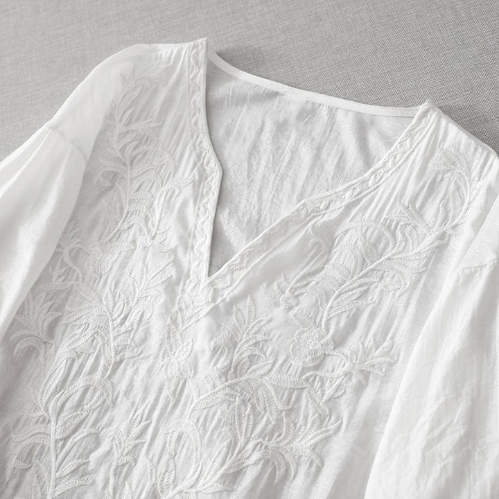 Robe mi-longue d'été blanche à manches courtes et col en V Buddha Stones broderies de feuilles et de fleurs, avec poches - image 2