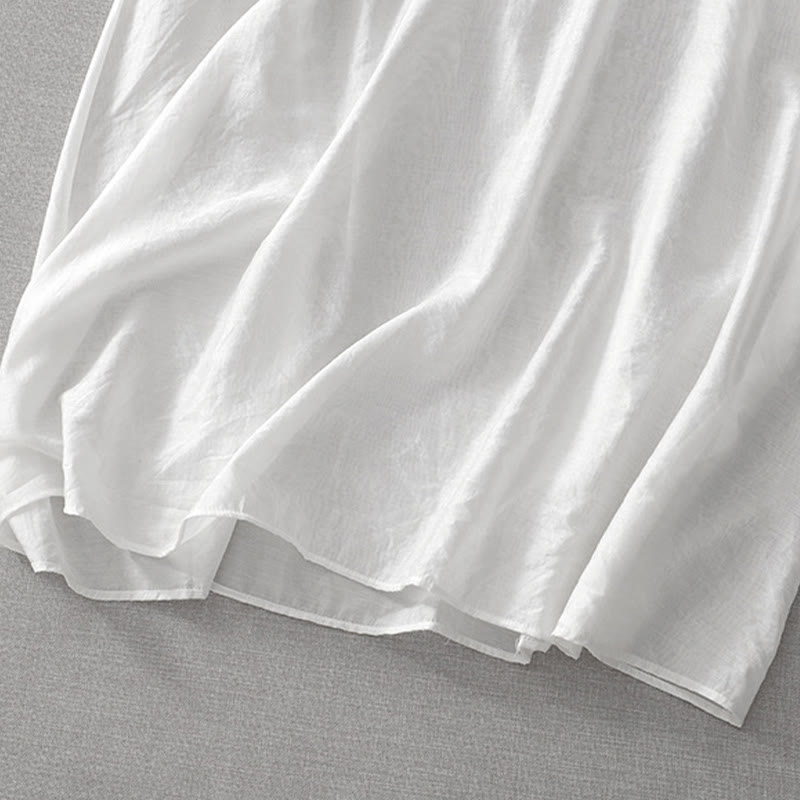 Robe mi-longue d'été blanche à manches courtes et col en V Buddha Stones broderies de feuilles et de fleurs, avec poches - image 12