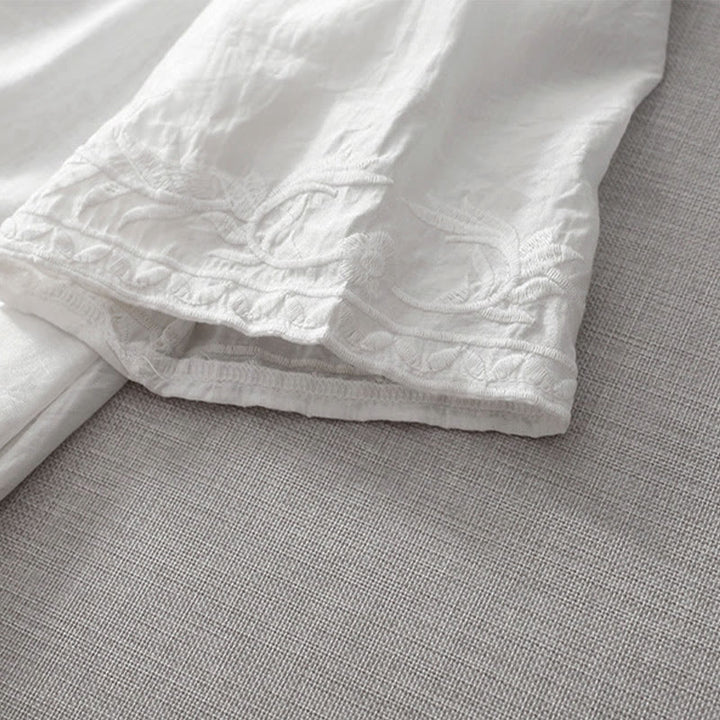 Robe mi-longue d'été blanche à manches courtes et col en V Buddha Stones broderies de feuilles et de fleurs, avec poches - image 10