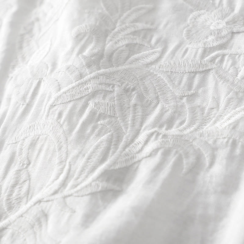 Robe mi-longue d'été blanche à manches courtes et col en V Buddha Stones broderies de feuilles et de fleurs, avec poches - image 4