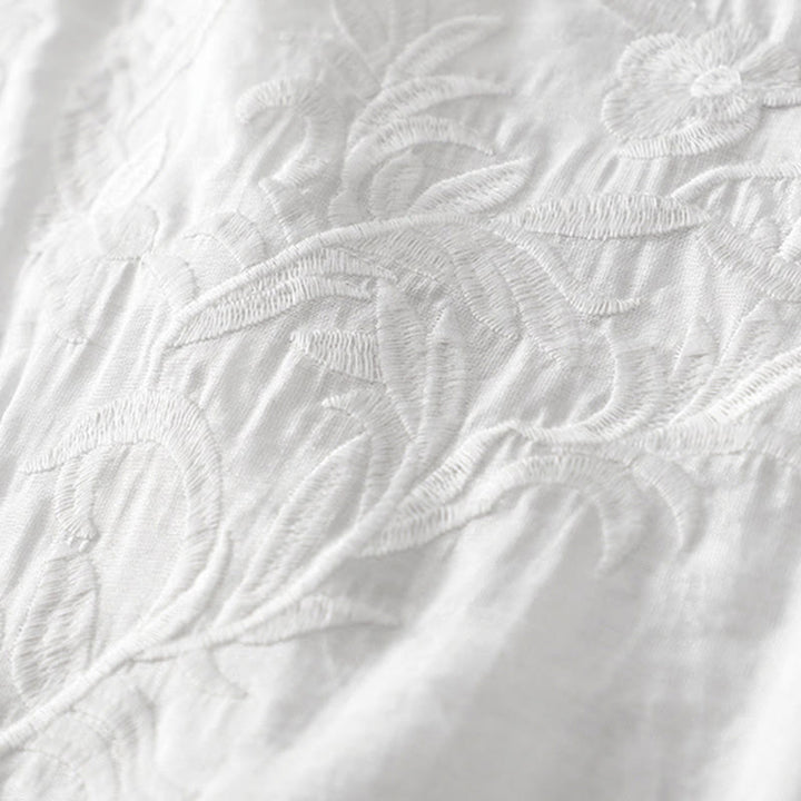 Robe mi-longue d'été blanche à manches courtes et col en V Buddha Stones broderies de feuilles et de fleurs, avec poches - image 4