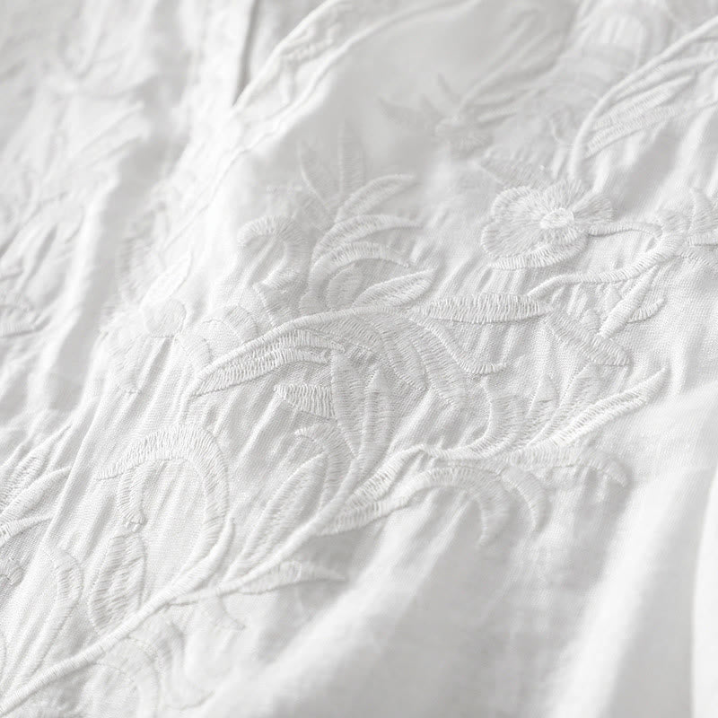 Robe mi-longue d'été blanche à manches courtes et col en V Buddha Stones broderies de feuilles et de fleurs, avec poches - image 6