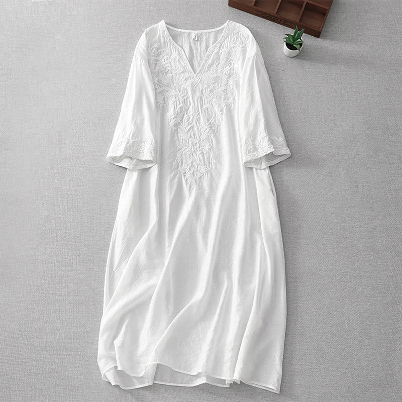 Robe mi-longue d'été blanche à manches courtes et col en V Buddha Stones broderies de feuilles et de fleurs, avec poches - Blanc - US8-10，UK/AU12-14，EU40-42 (2XL) - image 0