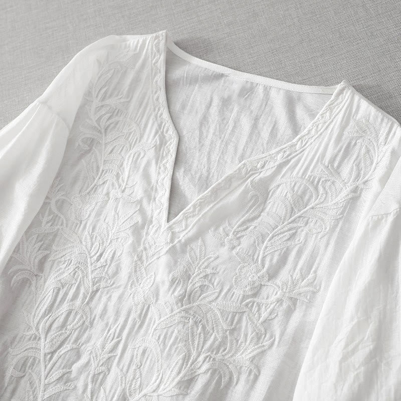 Robe mi-longue d'été blanche à manches courtes et col en V Buddha Stones broderies de feuilles et de fleurs, avec poches - image 3