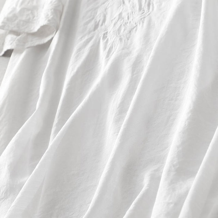 Robe mi-longue d'été blanche à manches courtes et col en V Buddha Stones broderies de feuilles et de fleurs, avec poches - image 6