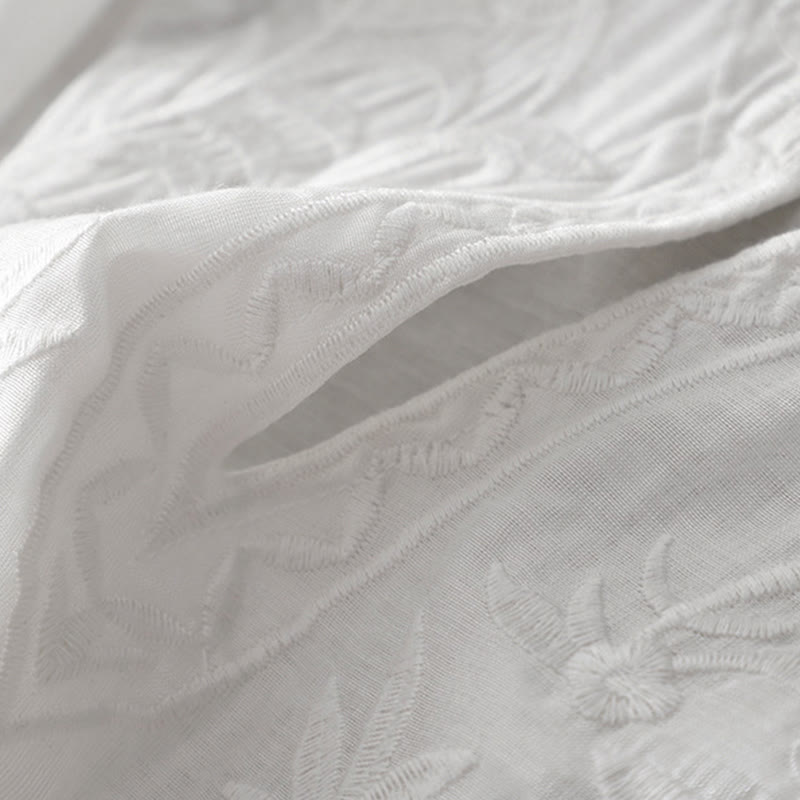 Robe mi-longue d'été blanche à manches courtes et col en V Buddha Stones broderies de feuilles et de fleurs, avec poches - image 7