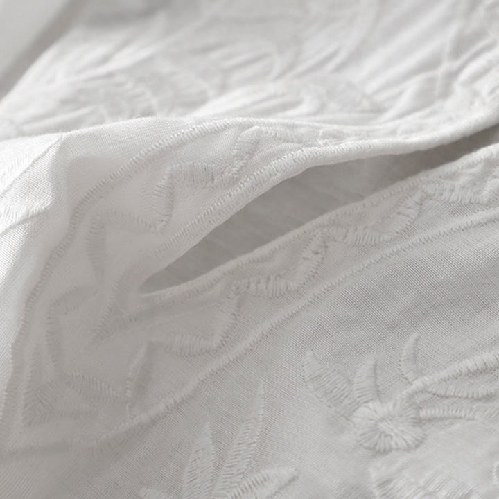 Robe mi-longue d'été blanche à manches courtes et col en V Buddha Stones broderies de feuilles et de fleurs, avec poches - image 7