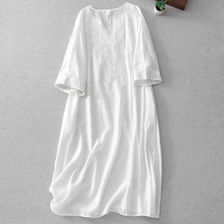 Robe mi-longue d'été blanche à manches courtes et col en V Buddha Stones broderies de feuilles et de fleurs, avec poches - image 1