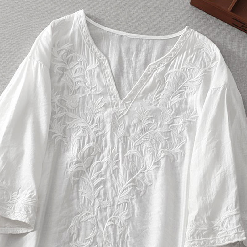 Robe mi-longue d'été blanche à manches courtes et col en V Buddha Stones broderies de feuilles et de fleurs, avec poches - image 3