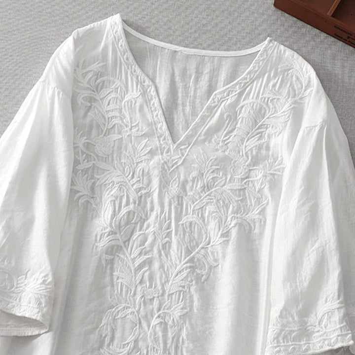 Robe mi-longue d'été blanche à manches courtes et col en V Buddha Stones broderies de feuilles et de fleurs, avec poches - image 3