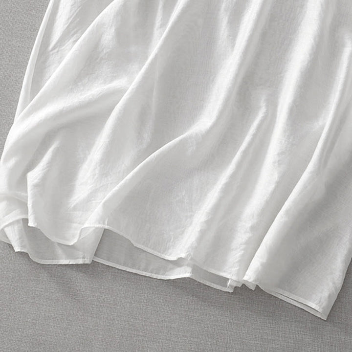 Robe mi-longue d'été blanche à manches courtes et col en V Buddha Stones broderies de feuilles et de fleurs, avec poches - image 11