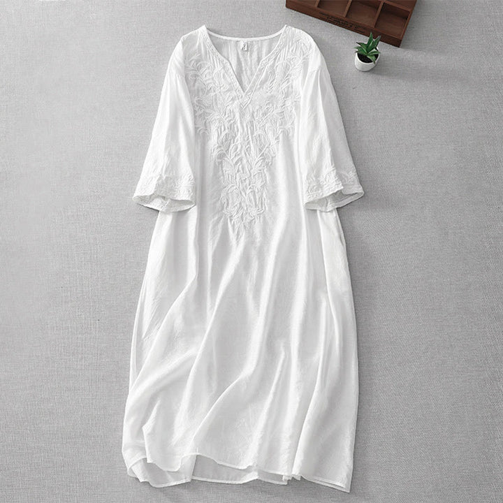 Robe mi-longue d'été blanche à manches courtes et col en V Buddha Stones broderies de feuilles et de fleurs, avec poches - Blanc - US8-10，UK/AU12-14，EU40-42 (2XL) - image 1