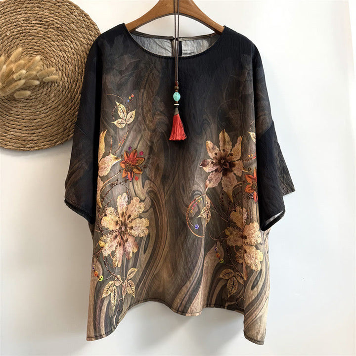 T-shirt décontracté ample à col ras du cou et manches mi-longues en polyester pour femme, imprimé fleurs et feuilles, motif Buddha Stones