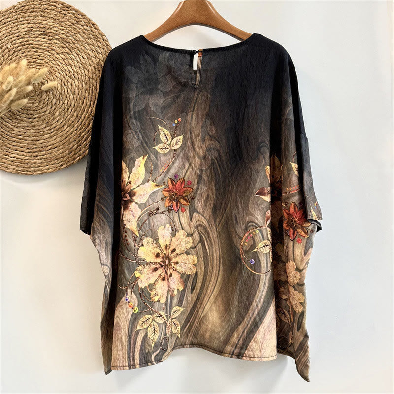 T-shirt décontracté ample à col ras du cou et manches mi-longues en polyester pour femme, imprimé fleurs et feuilles, motif Buddha Stones