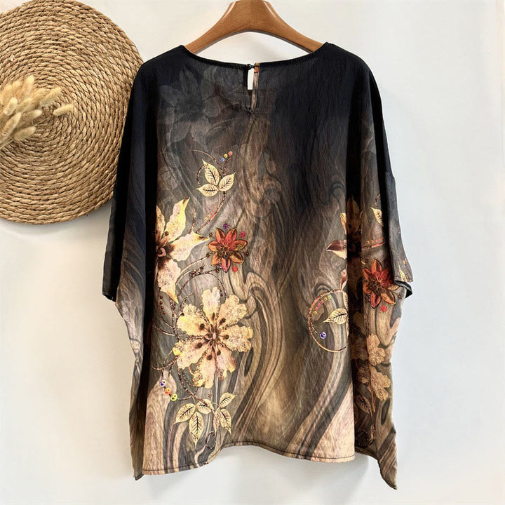 T-shirt décontracté ample à col ras du cou et manches mi-longues en polyester pour femme, imprimé fleurs et feuilles, motif Buddha Stones