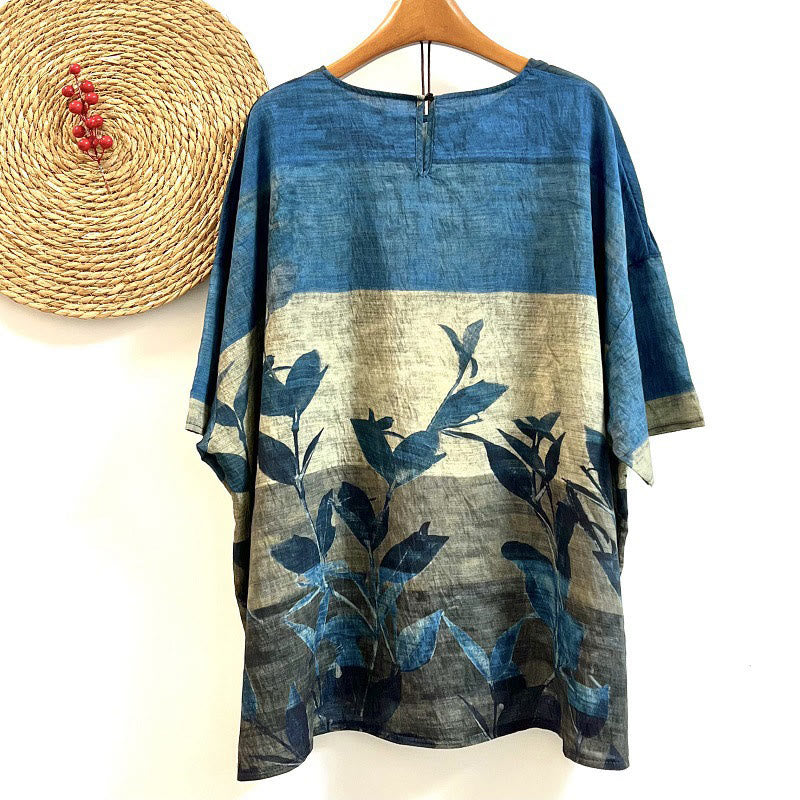 T-shirt décontracté ample à col ras du cou et manches mi-longues en polyester avec imprimé feuilles et Buddha Stones pour femme
