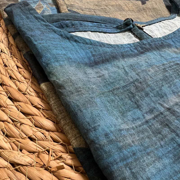 T-shirt décontracté ample à col ras du cou et manches mi-longues en polyester avec imprimé feuilles et Buddha Stones pour femme