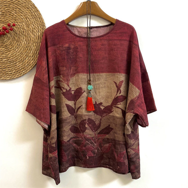 T-shirt décontracté ample à col ras du cou et manches mi-longues en polyester avec imprimé feuilles et Buddha Stones pour femme