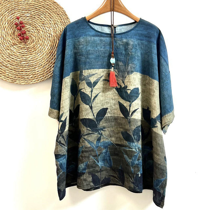 T-shirt décontracté ample à col ras du cou et manches mi-longues en polyester avec imprimé feuilles et Buddha Stones pour femme