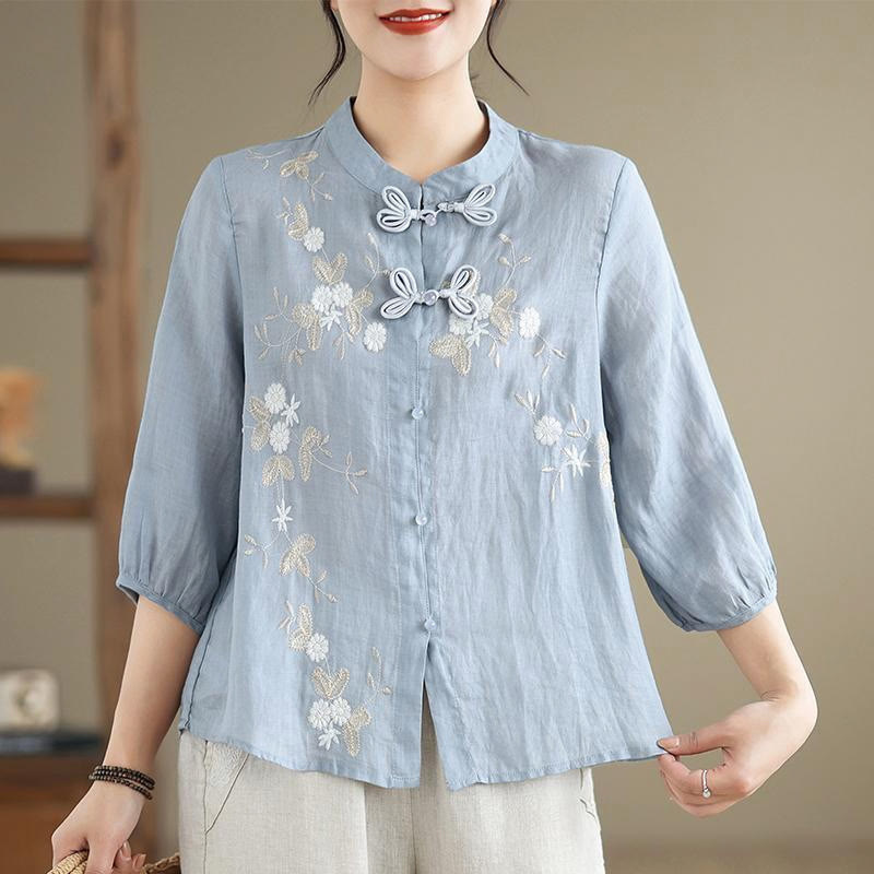 Chemise femme en coton et lin à manches trois-quarts et boutons grenouille, broderie florale vintage Buddha Stones - Bleu ciel clair - US8-10，UK/AU12-14，EU40-42 (2XL) - image 0