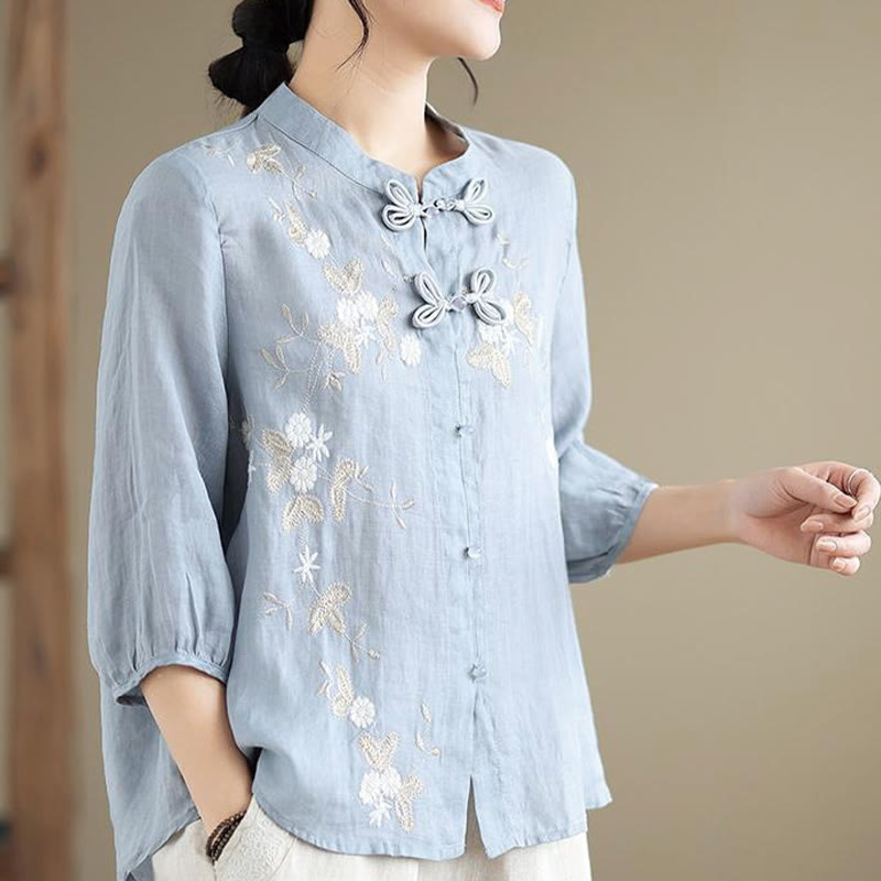 Chemise femme en coton et lin à manches trois-quarts et boutons grenouille, broderie florale vintage Buddha Stones - image 1
