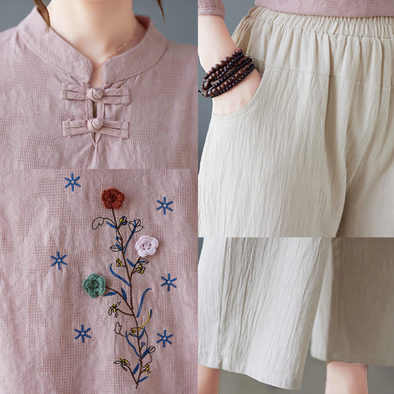 Chemise femme vintage d'été en coton et lin avec broderie florale stéréoscopique et manches trois-quarts et boutons grenouille - image 15