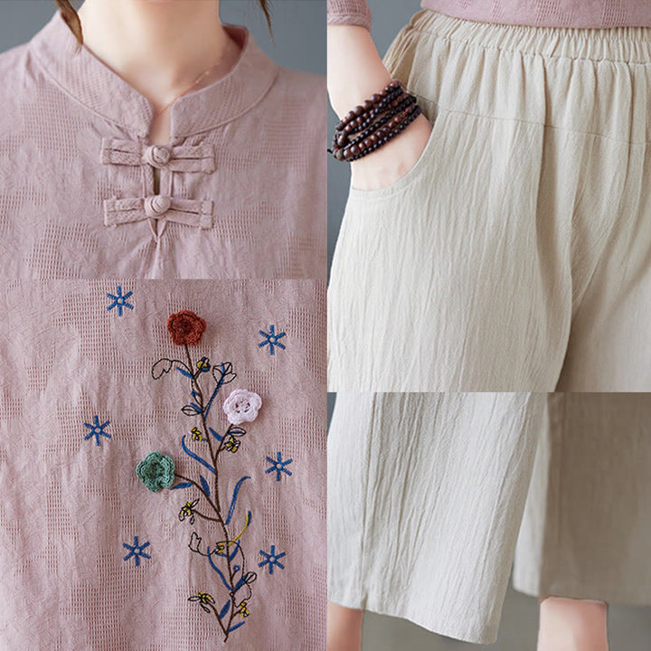 Chemise femme vintage d'été en coton et lin avec broderie florale stéréoscopique et manches trois-quarts et boutons grenouille - image 15