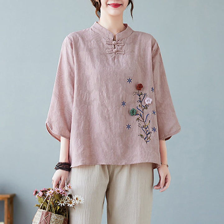 Chemise femme vintage d'été en coton et lin avec broderie florale stéréoscopique et manches trois-quarts et boutons grenouille - Rose clair - US12，UK/AU16，EU44 (3XL) - image 5
