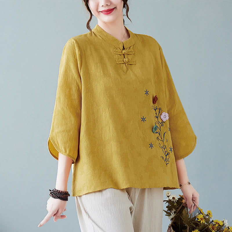 Chemise femme vintage d'été en coton et lin avec broderie florale stéréoscopique et manches trois-quarts et boutons grenouille - verge d'or - US12，UK/AU16，EU44 (3XL) - image 0
