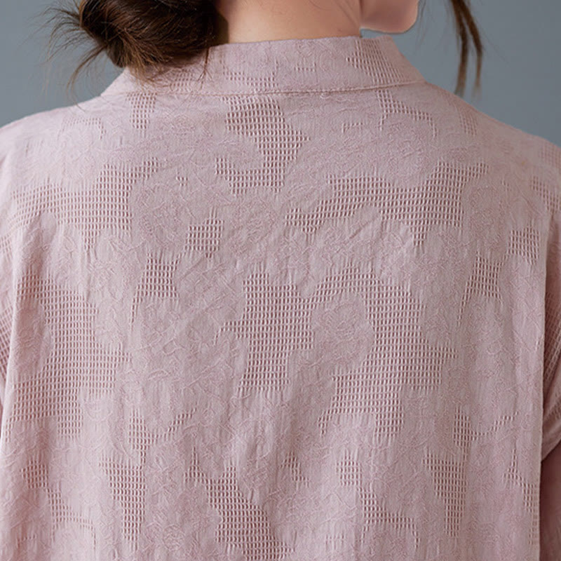 Chemise femme vintage d'été en coton et lin avec broderie florale stéréoscopique et manches trois-quarts et boutons grenouille - image 11